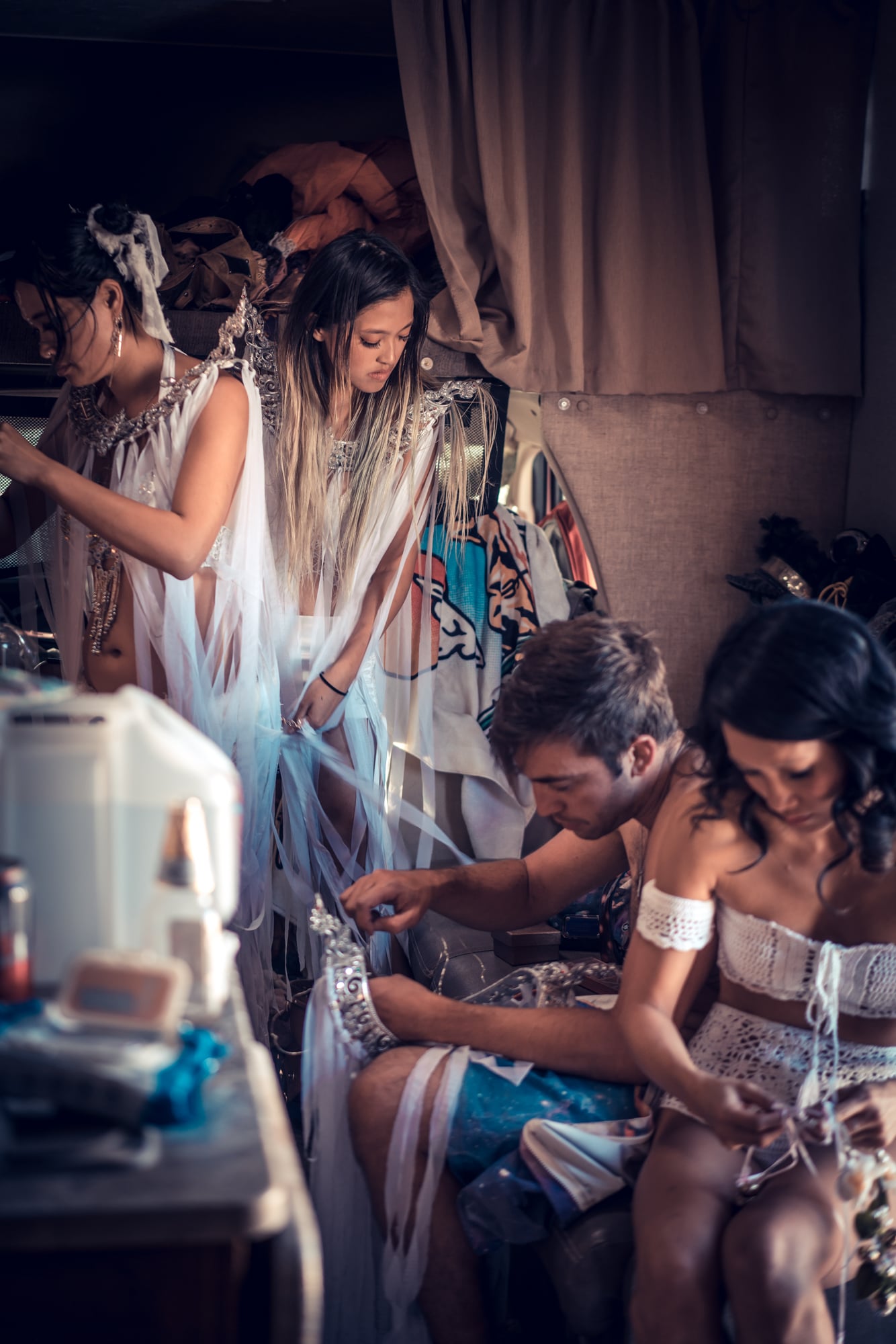 Bridesmaids getting ready in the RV