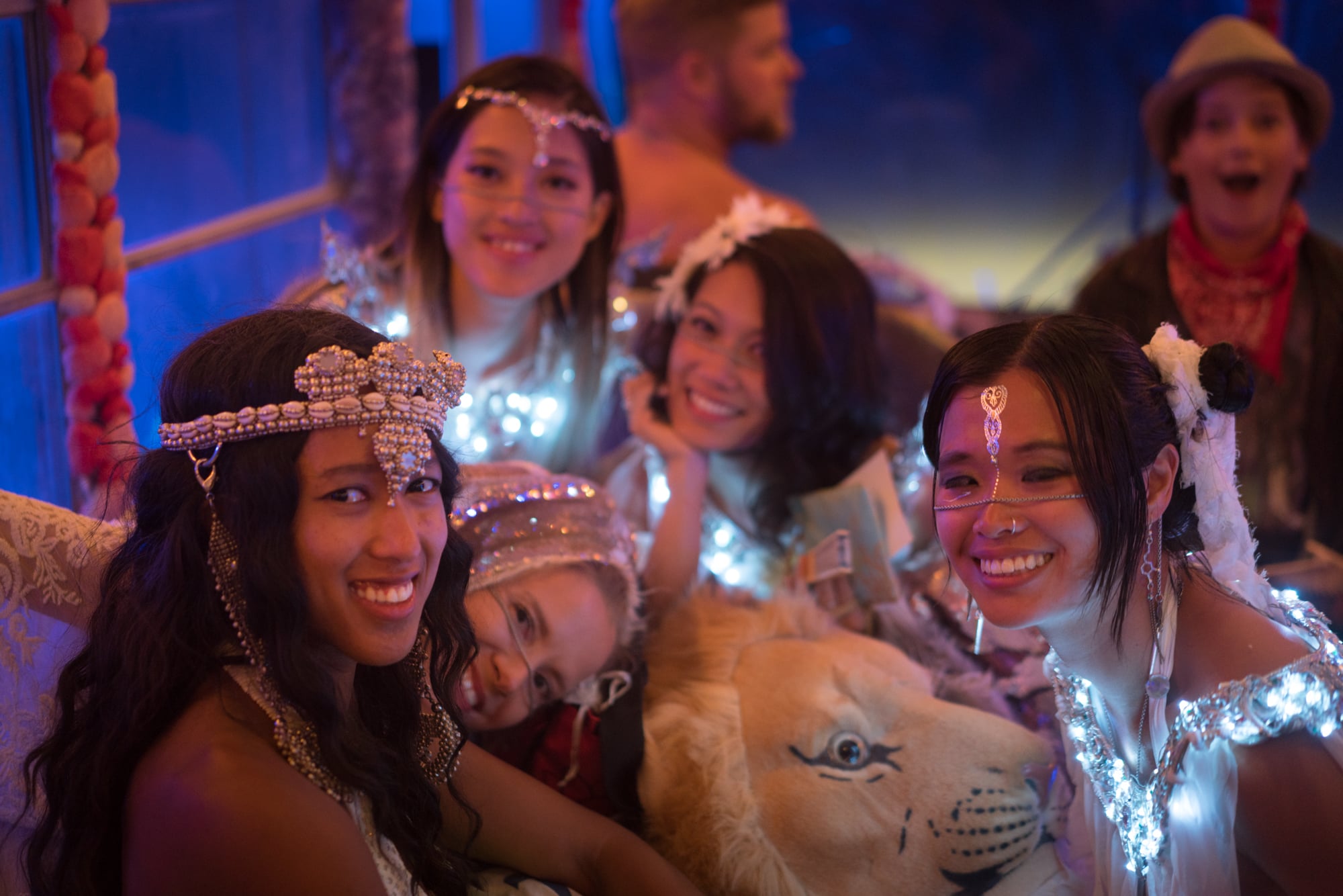 Art car ride with the bridesmaids after the wedding ceremony