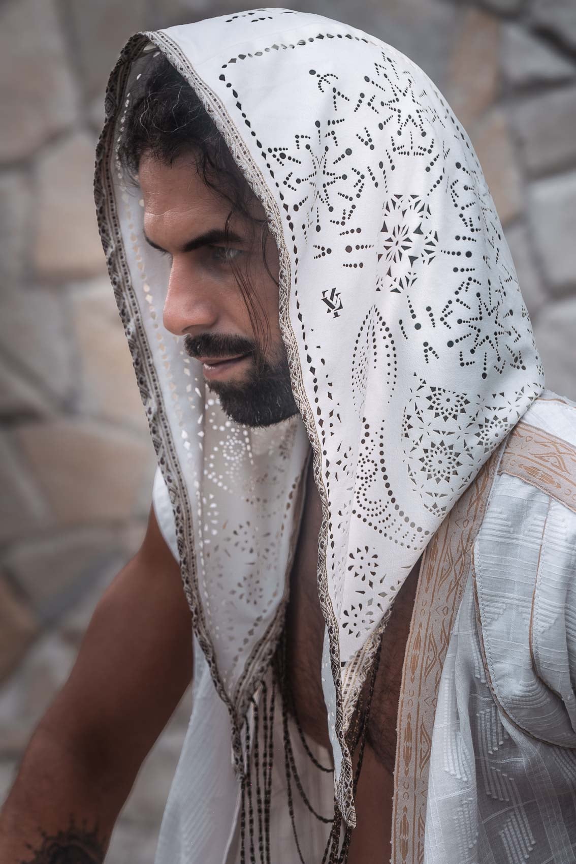 Arrakis Pant + Cosmic Druid Hood + Zhenyao Wrap Shirt — detail 1