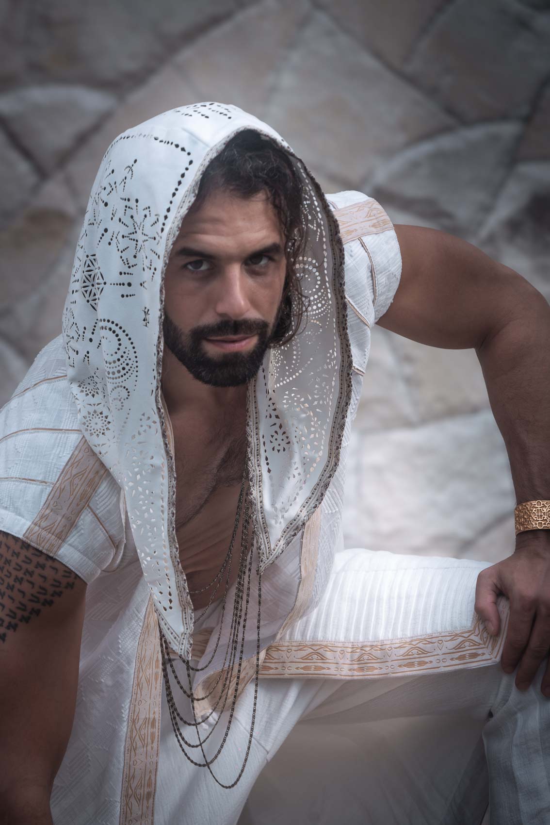 Arrakis Pant + Cosmic Druid Hood + Zhenyao Wrap Shirt — detail 2