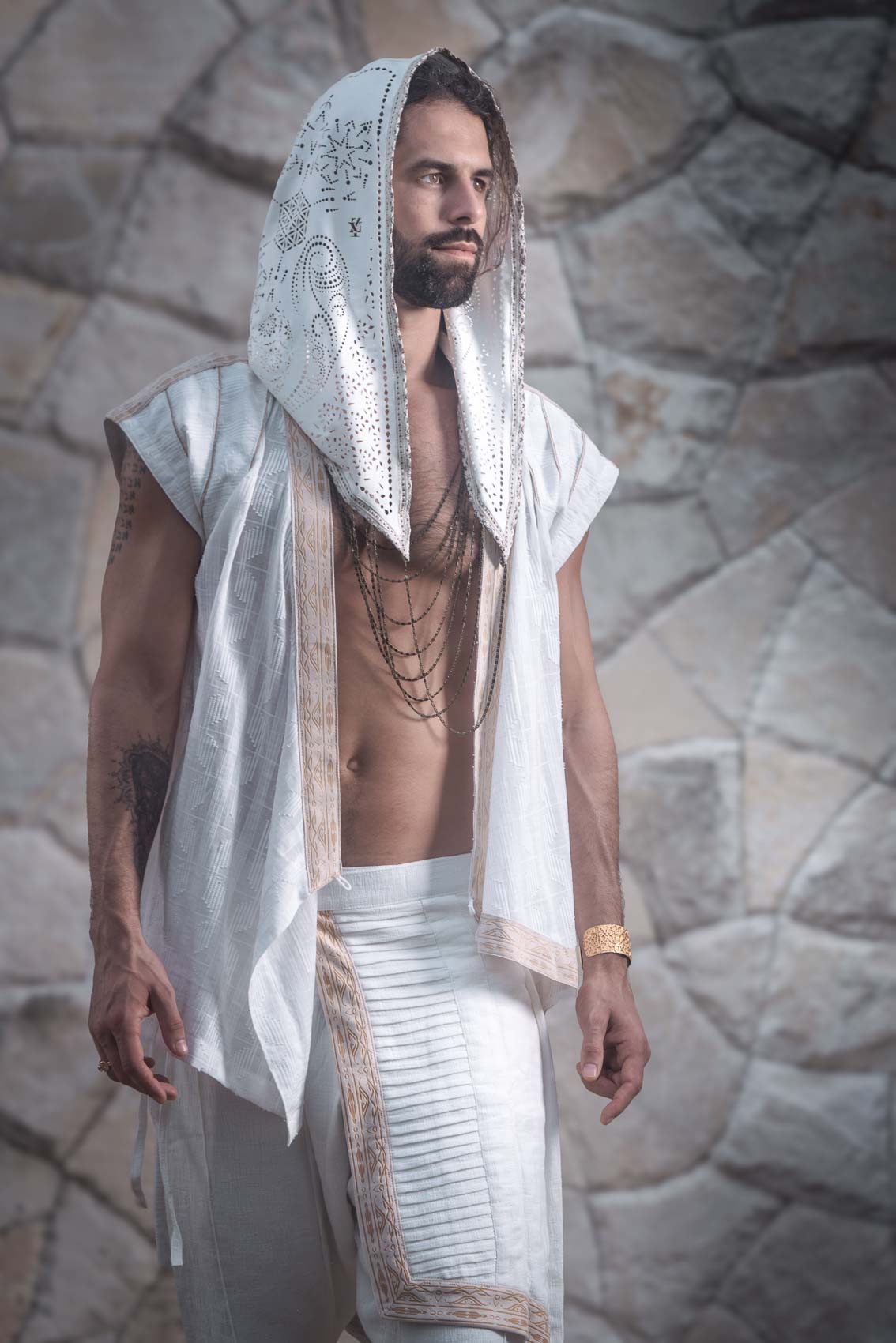 Arrakis Pant + Cosmic Druid Hood + Zhenyao Wrap Shirt — detail 3